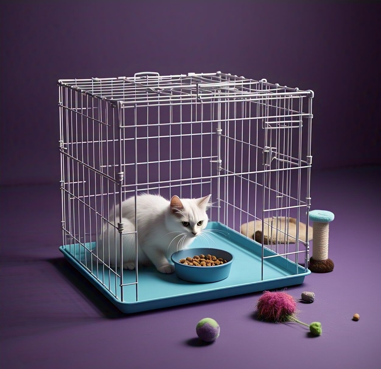 Persian cat in cage all night